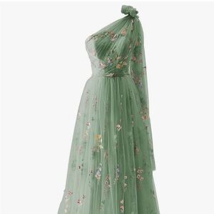Zepumen | Floral Green One-Shoulder Embroidered Tulle Dress